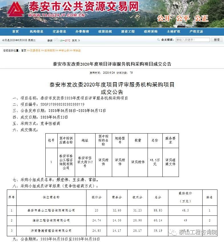 中標信息｜泰安市發(fā)展改革委2020年度項目評審服務(wù)機構(gòu)采購項目